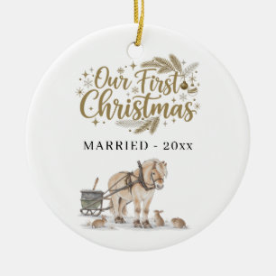 First Christmas Married Photo Winter Horse  Ceramic Ornament