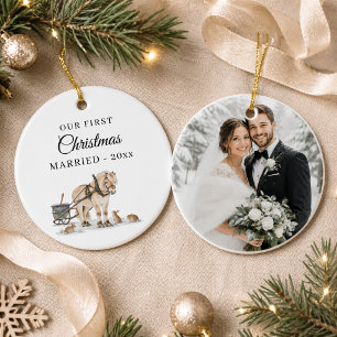 First Christmas Married Photo Winter Horse  Ceramic Ornament