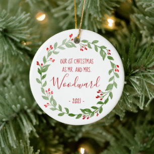 First Christmas Married Photo Wreath Red Text Ceramic Ornament