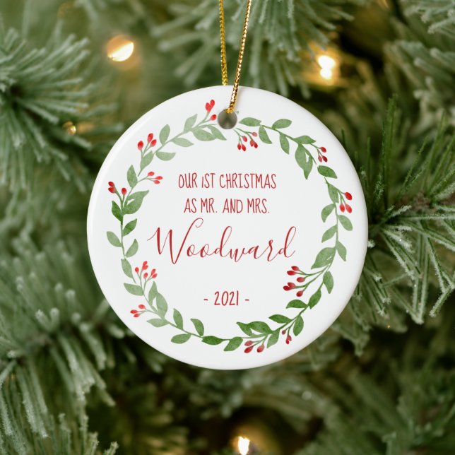 First Christmas Married Photo Wreath Red Text Ceramic Ornament (Tree)