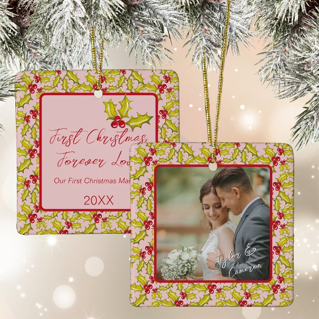 First Christmas Married Pink Red Fun Couples Photo Ceramic Ornament (Creator Uploaded)