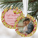 First Christmas Married Pink Red Fun Couples Photo Ornament<br><div class="desc">Commemorate your first Christmas as a married couple with this beautiful photo ornament with a classic hand drawn holly and berries pattern on a retro pink background featuring a photo on one side and your text on the back.</div>