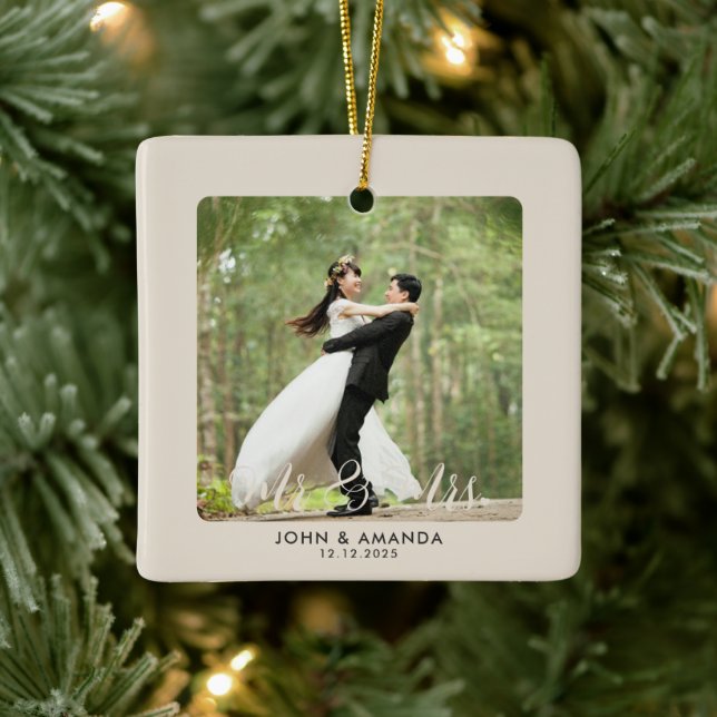 First Christmas Married Retro Mr and Mrs Photo Ceramic Ornament (Tree)