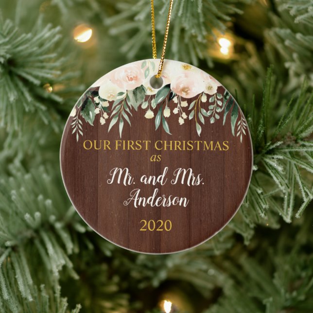 First Christmas Married Rustic Blush Floral Wood Ceramic Ornament (Tree)