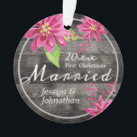 First Christmas Married Rustic Floral Ornament<br><div class="desc">One photo ornament with watercolor poinsettia flowers and adjustable text. Rustic wood textured background. Share your marriage photo and special moment with family and friends.</div>