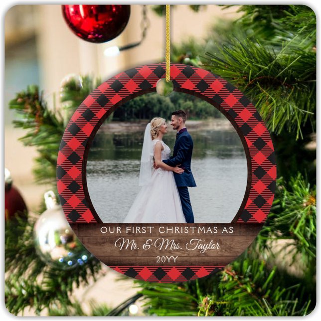 First Christmas Married Rustic Mr. Mrs. PHOTO Ceramic Ornament (Creator Uploaded)