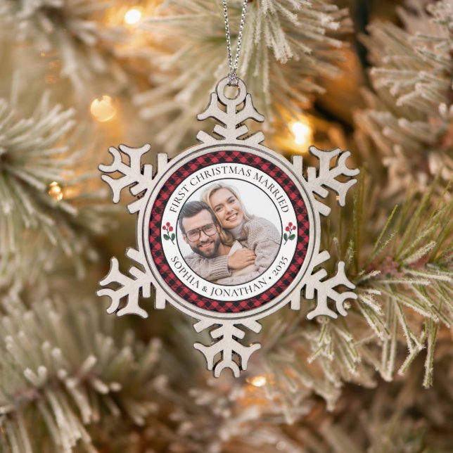 First Christmas Married Rustic Red Check Photo Snowflake Pewter Christmas Ornament (Tree)