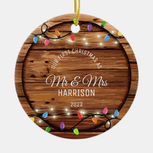 First Christmas Married Rustic String Light Photo Ceramic Ornament (Front)