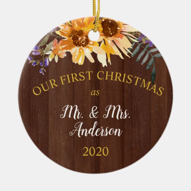 First Christmas Married Rustic Sunflower on Wood Ceramic Ornament (Front)