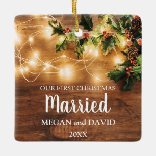 First Christmas married rustic wood and lights Ceramic Ornament