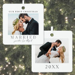 First Christmas Married Script Calligraphy Photo Metal Tree Decoration<br><div class="desc">This square Christmas ornament is a simple and elegant way to celebrate your first holiday season as a married couple. It features a horizontal photo on each side, both framed with a clean white border around the edges for a polished look. On the front, "Our First Christmas Married" is written...</div>