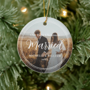 First Christmas Married Script Overlay Photo Ceramic Ornament