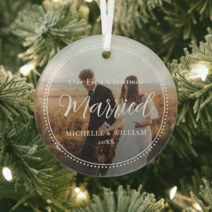 First Christmas Married Script Overlay Photo Glass Tree Decoration