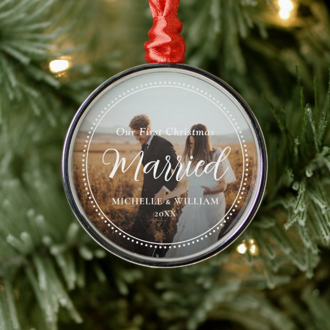 First Christmas Married Script Overlay Photo Metal Ornament (Tree)