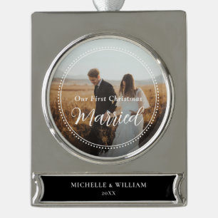 First Christmas Married Script Overlay Photo Silver Plated Banner Ornament