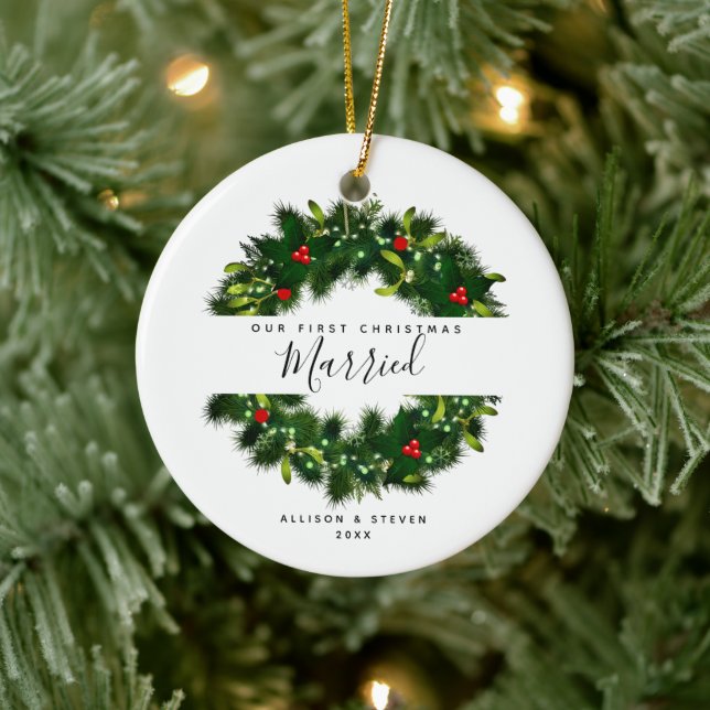First Christmas Married Script Personalised Ceramic Ornament (Tree)
