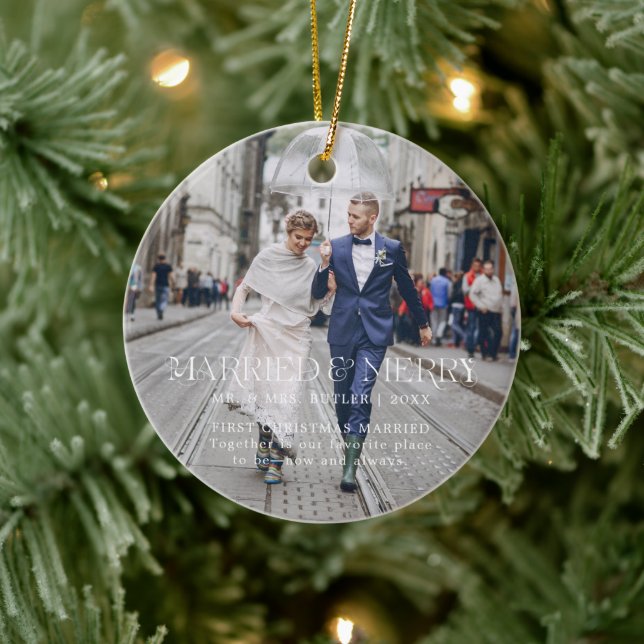 First Christmas Married | Sentimental Photo  Ceramic Ornament (Tree)