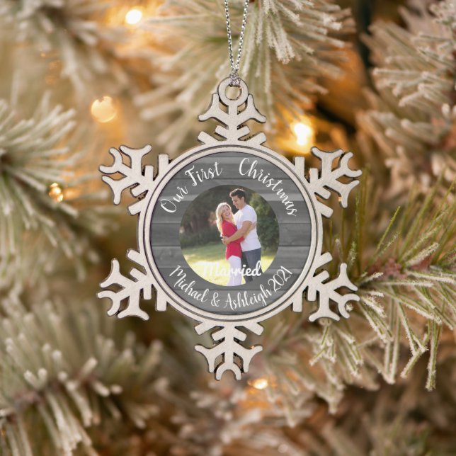 First Christmas Married Snowflake Pewter Christmas Ornament (Tree)