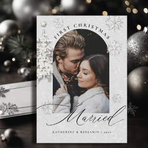 First Christmas Married Sparkles Boho Arch Photo Holiday Card