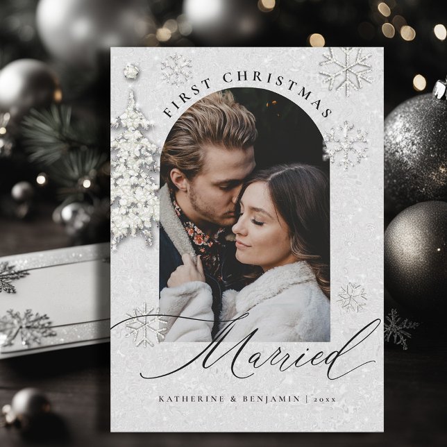 First Christmas Married Sparkles Boho Arch Photo Holiday Card (christmas card first married couple black white glitter sparkle boho arch modern minimalist)