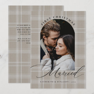 First Christmas Married Tan Beige Plaid Arch Photo Holiday Card