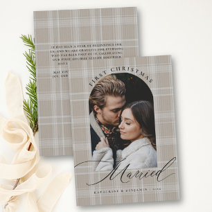 First Christmas Married Tan Beige Plaid Arch Photo Holiday Card