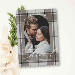 First Christmas Married Tan Brown Plaid Arch Photo Holiday Card