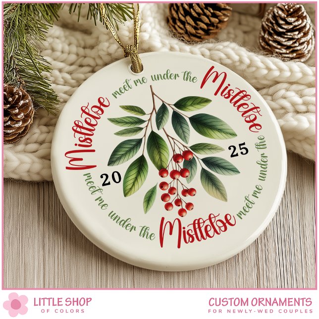 First Christmas Married Under the Mistletoe Photo Ceramic Ornament (Creator Uploaded)