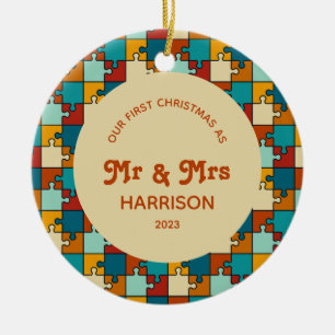 First Christmas Married Vintage Puzzle Photo Ceramic Ornament