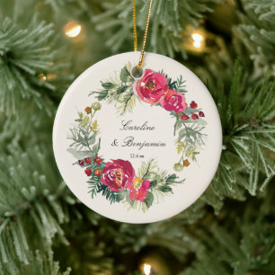 First Christmas Married Watercolor Floral Wreath Ceramic Ornament