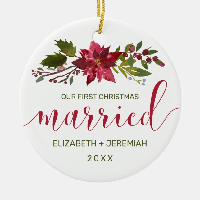 First Christmas Married Watercolor Poinsettia Ceramic Ornament (Front)