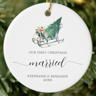 First Christmas Married Wedding Sleigh Tree Luxury Ceramic Ornament