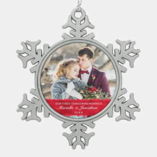 First Christmas Married White Script Photo Snowflake Pewter Christmas Ornament