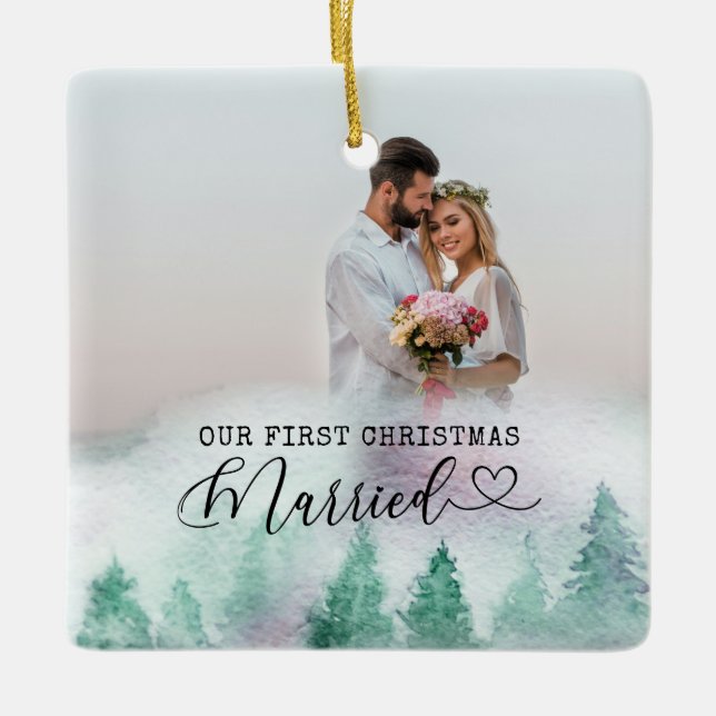 First Christmas Married Winter Forest 2 Photo Ceramic Ornament (Front)
