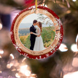 First Christmas married wood photos snowflakes Ceramic Ornament<br><div class="desc">Celebrate your First Christmas as Mr & Mrs,  with this rustic brown wood log trunk editable white snowflakes on a festive red background. Add 1 of your favourite wedding photo.</div>