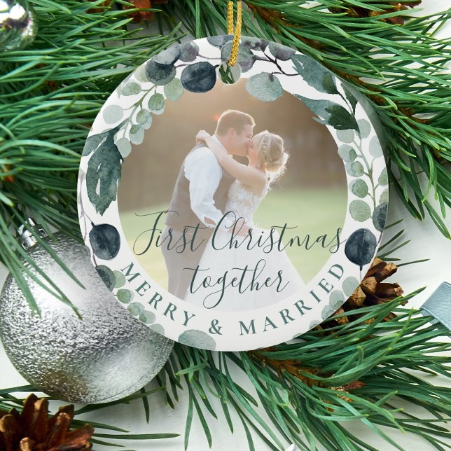 First Christmas merry and married couple photo  Ceramic Ornament (Creator Uploaded)