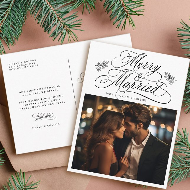 First Christmas Merry & Married Newly Weds Photo Postcard (Front & Back)