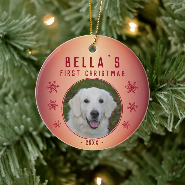 First Christmas Metallic Red Snowflake Puppy Photo Ceramic Ornament (Tree)