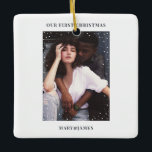 First Christmas | Minimal Wedding Engagement Photo Ceramic Ornament<br><div class="desc">Minimalist Elegant Keepsake | Merry and Married,  Wedding or engagement Photo Ceramic Ornament</div>