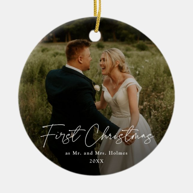 First Christmas Modern Handwritten Wedding Photo  Ceramic Ornament (Front)