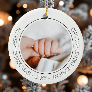 First Christmas Modern Simple Baby 2 Photo Newborn Ceramic Ornament