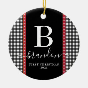 First Christmas Monogram Baby Name Buffalo Plaid   Ceramic Ornament