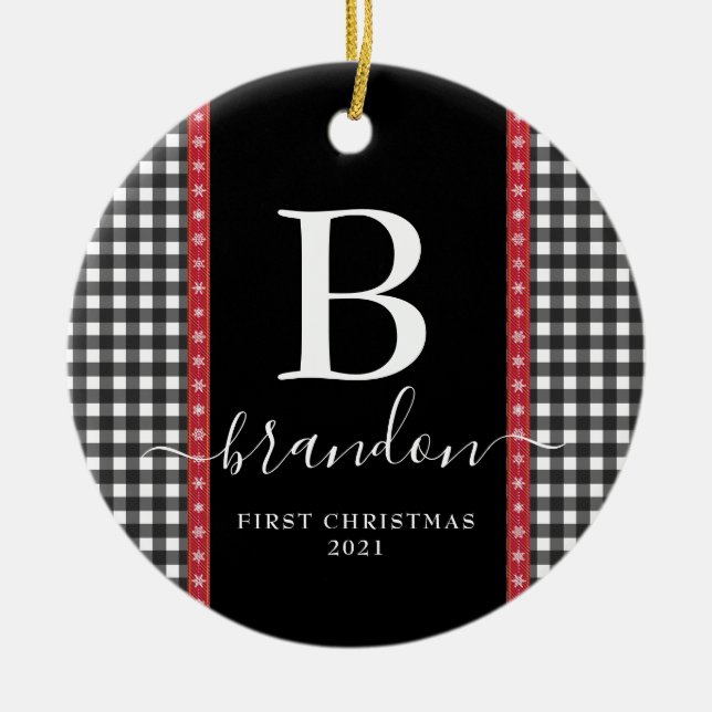 First Christmas Monogram Baby Name Buffalo Plaid   Ceramic Ornament (Front)