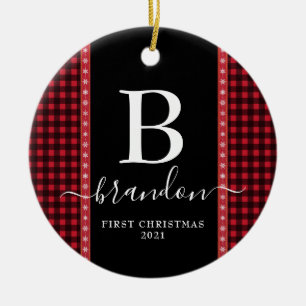 First Christmas Monogram Baby Name Buffalo Plaid Ceramic Ornament