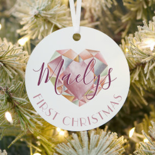 First Christmas Monogram Or Name Blush Pink Photo Metal Tree Decoration