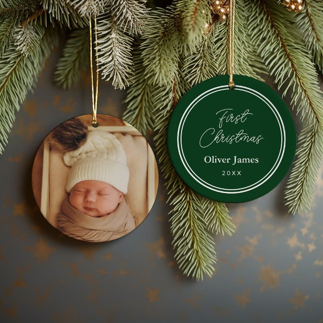 First Christmas Monogram Photo Holiday Ornament (Creator Uploaded)