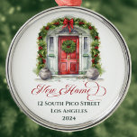 First Christmas Monogrammed New Home  Metal Ornament<br><div class="desc">First Christmas Monogrammed New Home ornament,  Create a beautiful and elegant keepsake gift to celebrate your 1st Christmas in your new home. Watercolor with cheerful red door and holiday floral greenery to celebrate the Christmas season. Monogrammed with address and date. Elegant Script typography says New Home.</div>