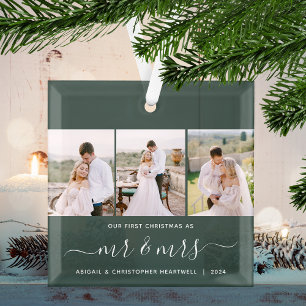 First Christmas Mr and Mrs 3 Photo Script Green Glass Tree Decoration