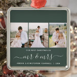 First Christmas Mr and Mrs 3 Photo Script Green Metal Ornament<br><div class="desc">Commemorate your first Christmas as newlyweds with this beautiful modern keepsake ornament. The white text reads "Our first Christmas as, " with the words "mr & mrs" in elegant handwriting script with flourishes before and after. Replace the three sample images with your favourite vertical photos, and add your last name(s)...</div>