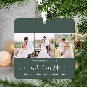 First Christmas Mr and Mrs 3 Photo Script Green Metal Tree Decoration